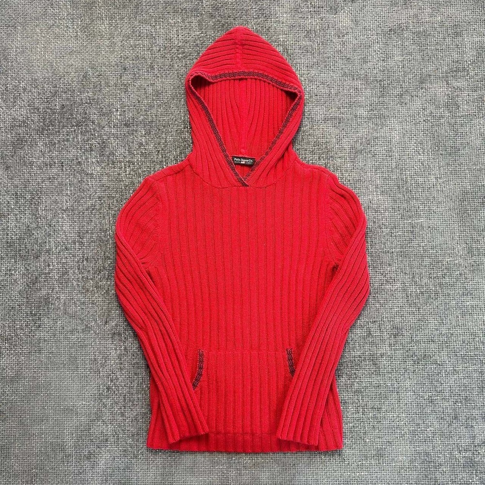Polo Jeans Co Ralph‎ Lauren Hoodie Womens M Red Ribbed Knit Vintage Y2K Flag